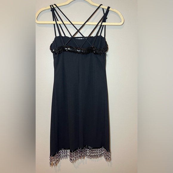 Vintage Y2K Black Cocktail Dress Slip Sequin Beaded Detail Mini Dress Size 3 - Picture 4 of 7